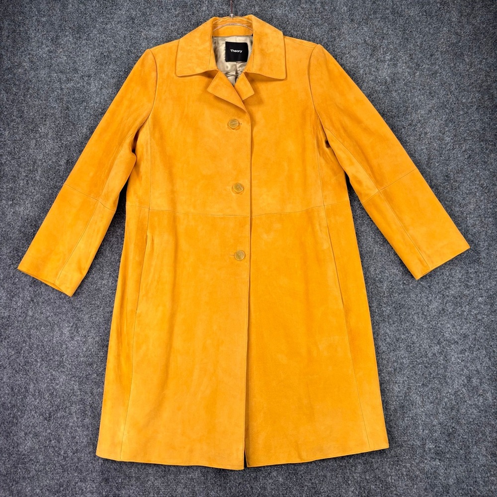 Theory Piazza Coat Womens Medium Mustard Yellow Lamb Leather Suede Trench Jacket